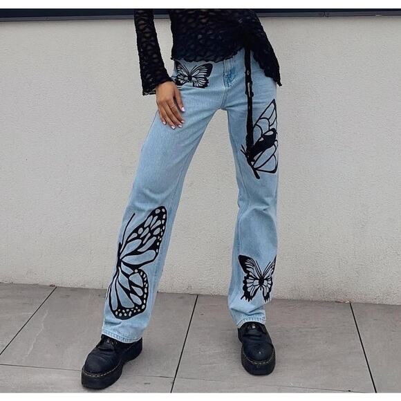 Simple Society Butterfly Wide Leg y2k Baggy Jeans Sz 27 - Picture 1 of 6